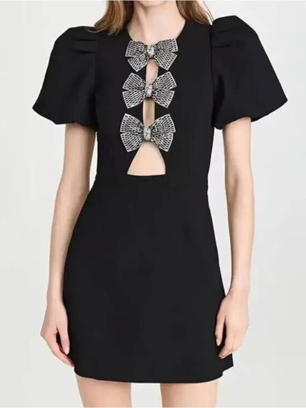 Black Puff Sleeve Mini Dress with Embellished Bows